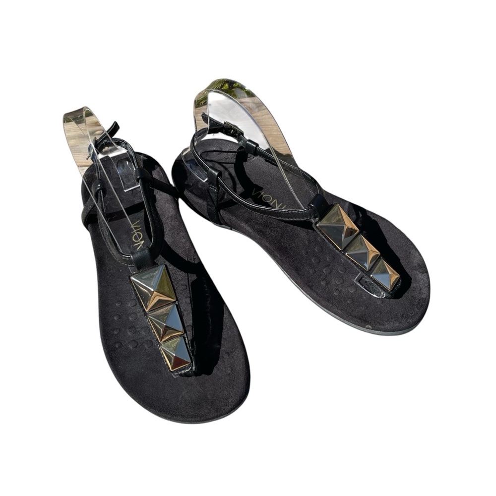 Vionic‎ Black and Gold Thong Sandals with Ankle Strap Gold Metal Pyramid Accent